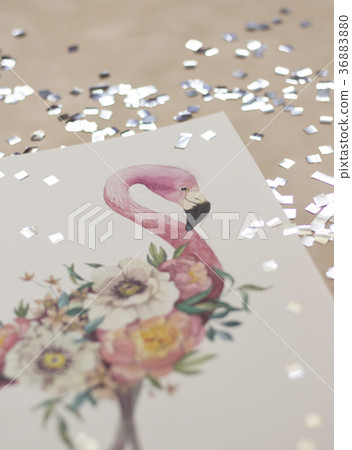 Exotic flowers and flamingo painted with 36883880
