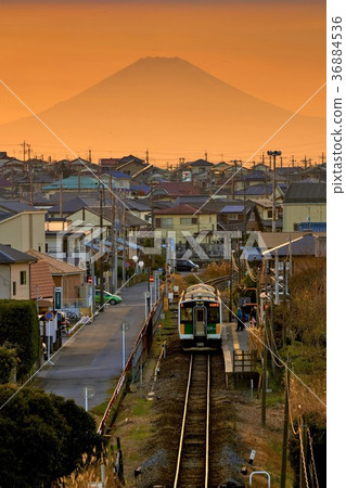 Chiba Prefecture Kururi Line Mt. Fuji and Station evening view Chiba Prefecture Kururi Line Mt. Fuji and Station evening view 36884536