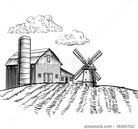 Windmill on agricultural field hand drawn sketch Windmill on agricultural field hand drawn sketch 36885502