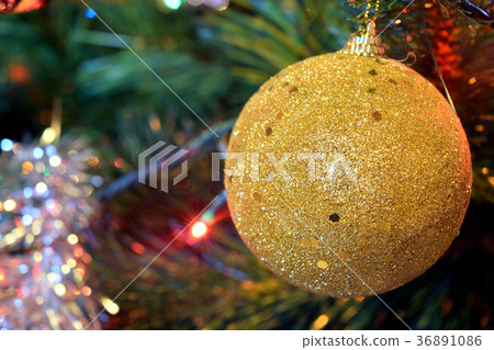 christmas balls on tree with lights and stars 36891086