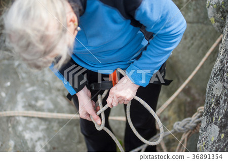 Climber woman in safety harness tying rope in bowline knot Climber woman in safety harness tying rope in bowline knot 36891354