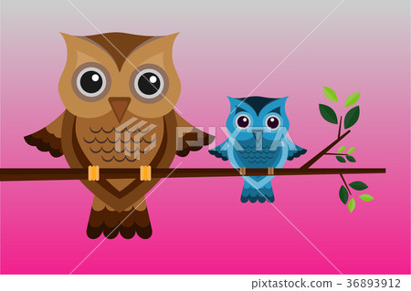 Two brown and blue owls on a branch 36893912
