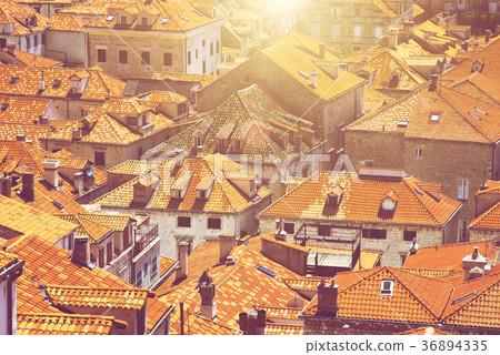 Roofs in Dubrovnik with sun rays, Croatia, Unesco 36894335