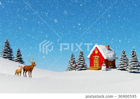 Christmas background, Small red cabin with snowman 36900595