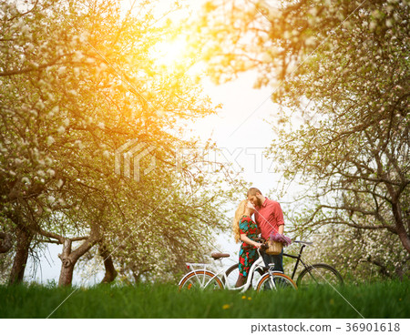 Loving young couple with bicycles in spring garden Loving young couple with bicycles in spring garden 36901618