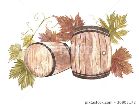 Wooden barrels and leaves of grapes, isolated on Wooden barrels and leaves of grapes, isolated on 36903178