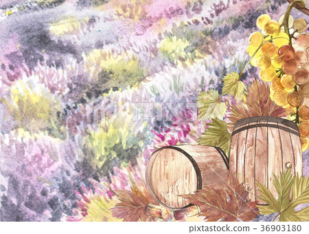 Wooden barrels and leaves of grapes. Background Wooden barrels and leaves of grapes. Background 36903180