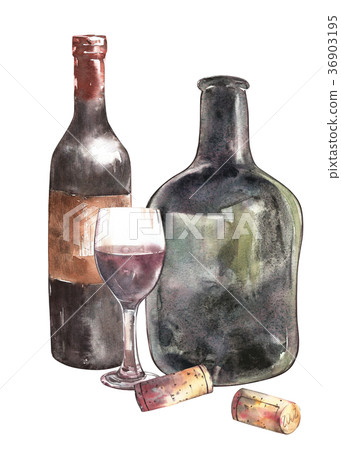 Composition with wine bottle, glass and cork Composition with wine bottle, glass and cork 36903195