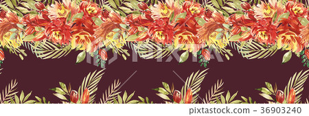 Isolated seamless border with red flowers, leaves 36903240