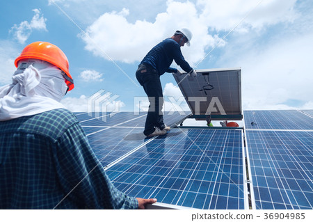 engineer team working on replacement solar panel 36904985