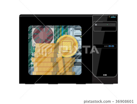 Stack of golden coin inside of computer case. 36908601