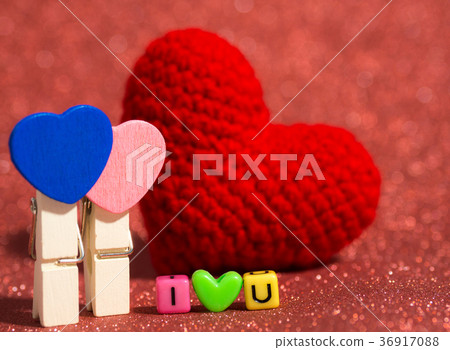 Wooden heart clip, red yarn heart and I Love You Wooden heart clip, red yarn heart and I Love You 36917088
