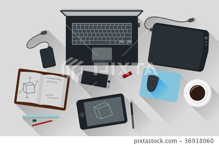 Office Workspace Computer Top View Flat Design Office Workspace Computer Top View Flat Design 36918060