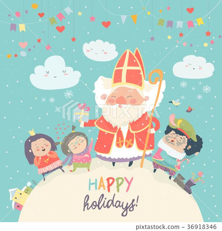 Saint Nicholas with Piet and happy kids Saint Nicholas with Piet and happy kids 36918346