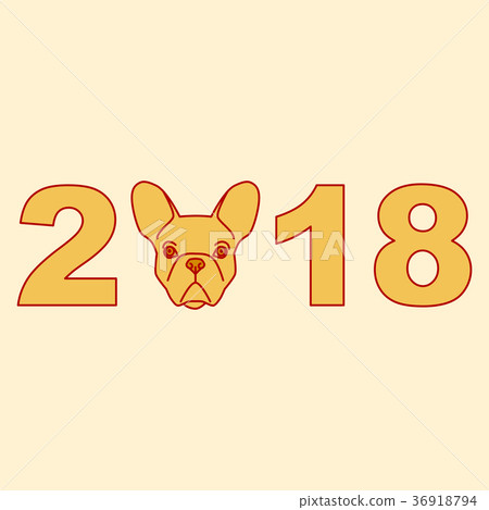 Numbers 2018 with dog head on beige background Numbers 2018 with dog head on beige background 36918794