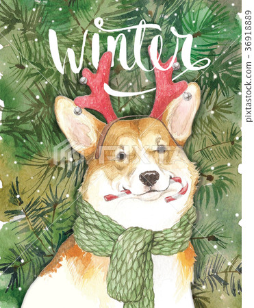 Watercolor artistic Christmas dog portrait on 36918889