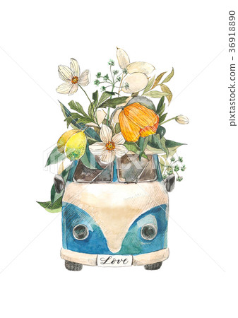 Watercolor car with hand drawn flower isolated on Watercolor car with hand drawn flower isolated on 36918890