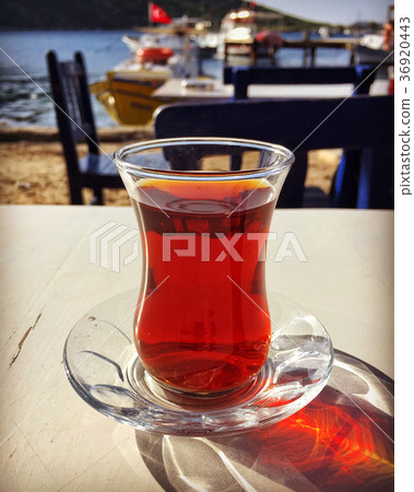 turkish tea on wooden table next to sea turkish tea on wooden table next to sea 36920443