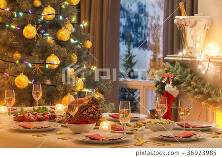 3d illustration of a Christmas family dinner table 3d illustration of a Christmas family dinner table 36923985