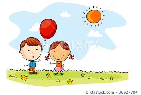 Happy kids cartoon with balloons on a summer day Happy kids cartoon with balloons on a summer day 36927794