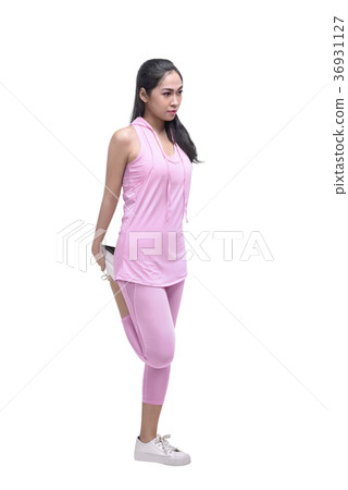 Portrait of asian woman doing stretching legs before running Portrait of asian woman doing stretching legs before running 36931127