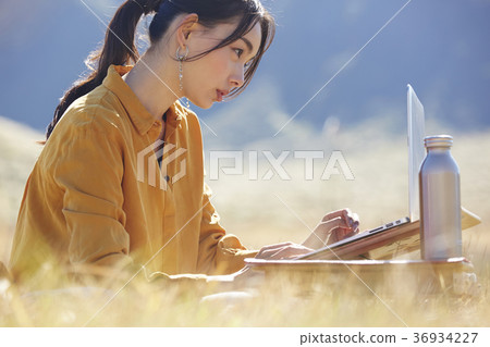 在草地上工作的女人 在草地上工作的女人 36934227