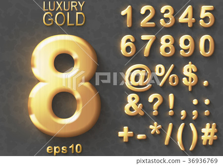 Set of golden glitter 3D Numbers and Characters. 36936769