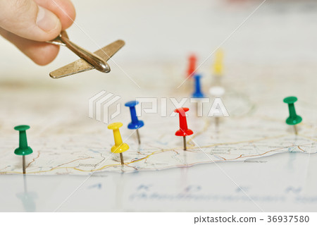 Travel by aircraft concept with map and pins 36937580