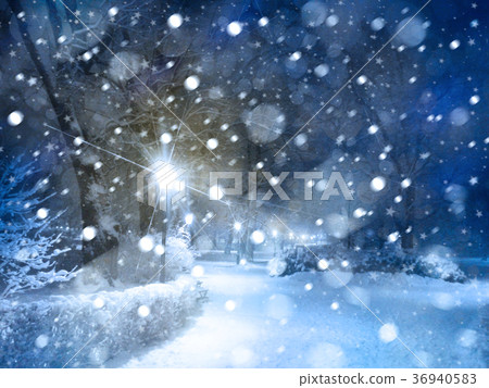 Winter night snowy park. Winter night snowy park. 36940583