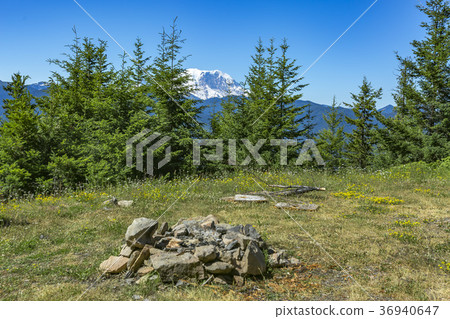 Camp fire pit in Washington with Mount Rainier 36940647