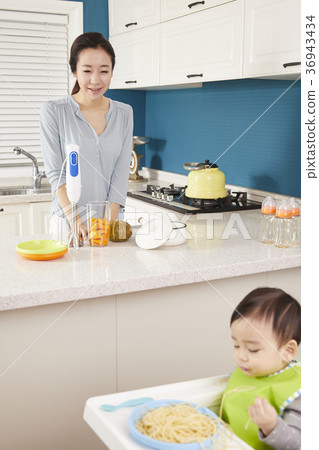 Mother, Son, Infant, Kitchen, Korean Mother, Son, Infant, Kitchen, Korean 36943434
