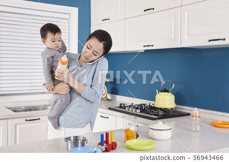 Mother, Son, Infant, Kitchen, Korean Mother, Son, Infant, Kitchen, Korean 36943466
