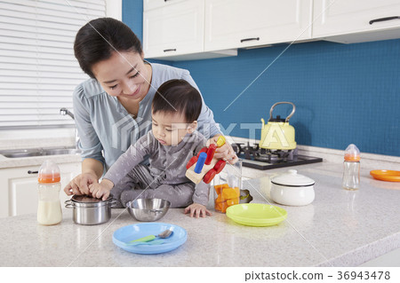 Mother, Son, Infant, Kitchen, Korean Mother, Son, Infant, Kitchen, Korean 36943478