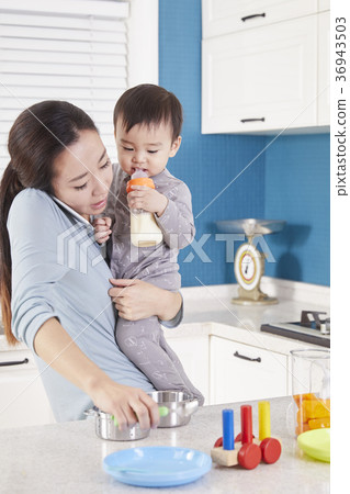 母親，兒子，嬰兒，廚房，韓國 36943503
