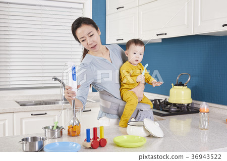 母親，兒子，嬰兒，廚房，韓國 36943522