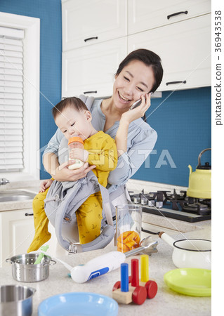 Mother, Son, Infant, Kitchen, Korean Mother, Son, Infant, Kitchen, Korean 36943538