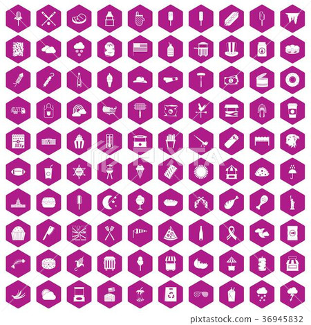100 street food icons hexagon violet 36945832