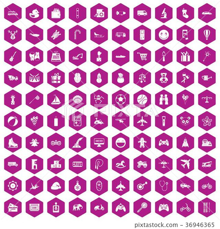 100 toys for kids icons hexagon violet 36946365