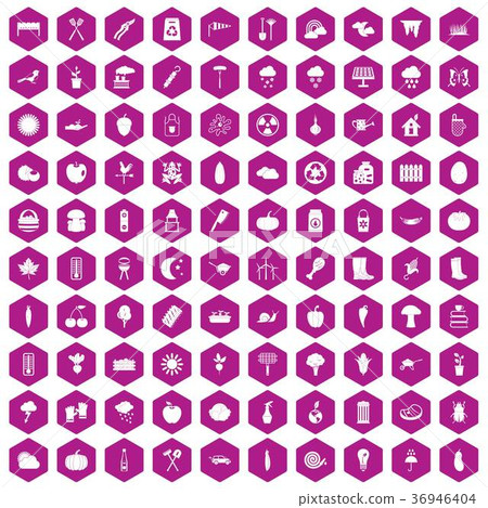 100 vegetables icons hexagon violet 100 vegetables icons hexagon violet 36946404