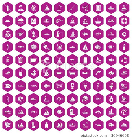 100 water icons hexagon violet 36946608