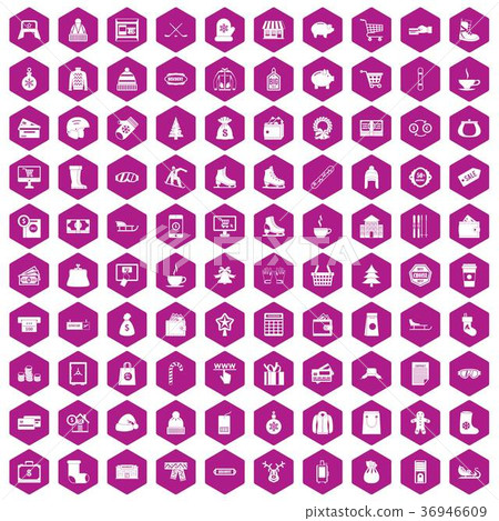 100 winter shopping icons hexagon violet 36946609