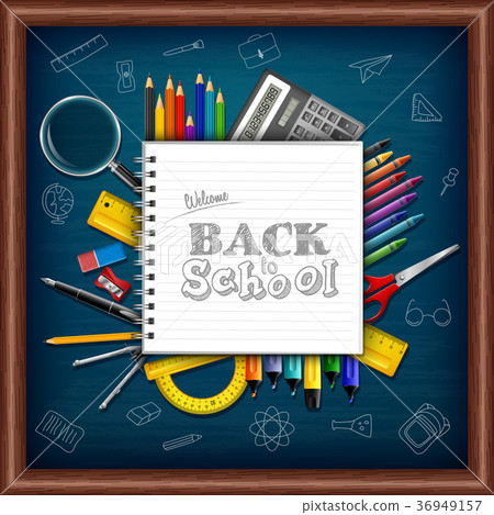 Cartoon school supplies on chalkboard background Cartoon school supplies on chalkboard background 36949157