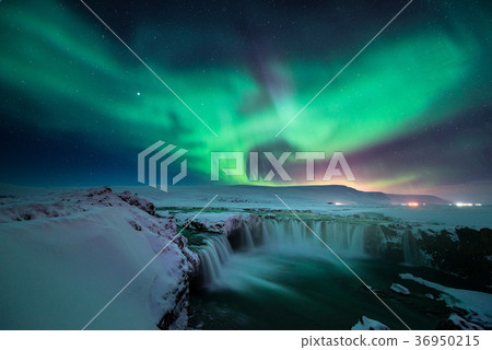 Godafoss waterfall in Iceland with amazing aurora Godafoss waterfall in Iceland with amazing aurora 36950215