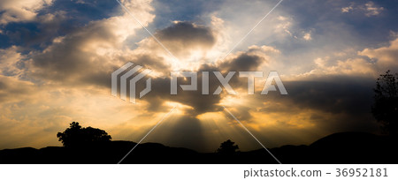Panoramic sunset in twilight sky with mountain s Panoramic sunset in twilight sky with mountain s 36952181