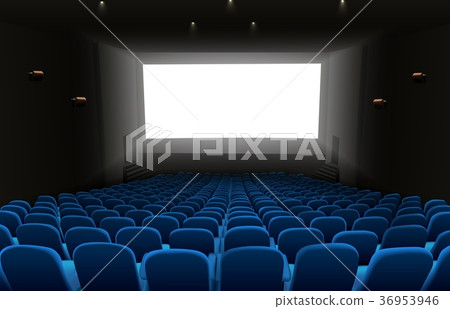Cinema auditorium with blue seats and white blank  36953946
