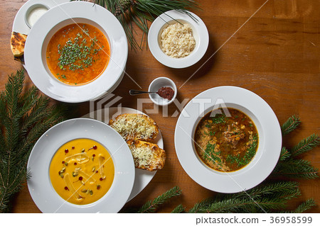 Concept of healthy vegetable and legume soups. re 36958599