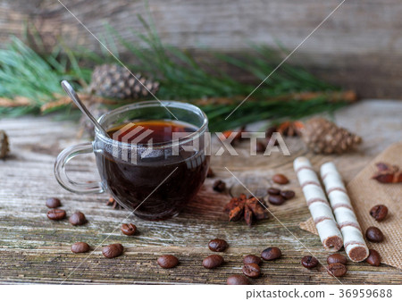 black coffee in glass Cup on wooden table 36959688