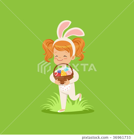 Happy little girl with bunny ears and rabbit 36961733