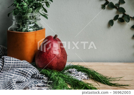 Fresh red pear, fabric and green leaf, mason jar 36962003