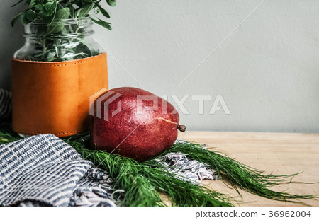 Fresh red pear, fabric and green leaf, mason jar 36962004